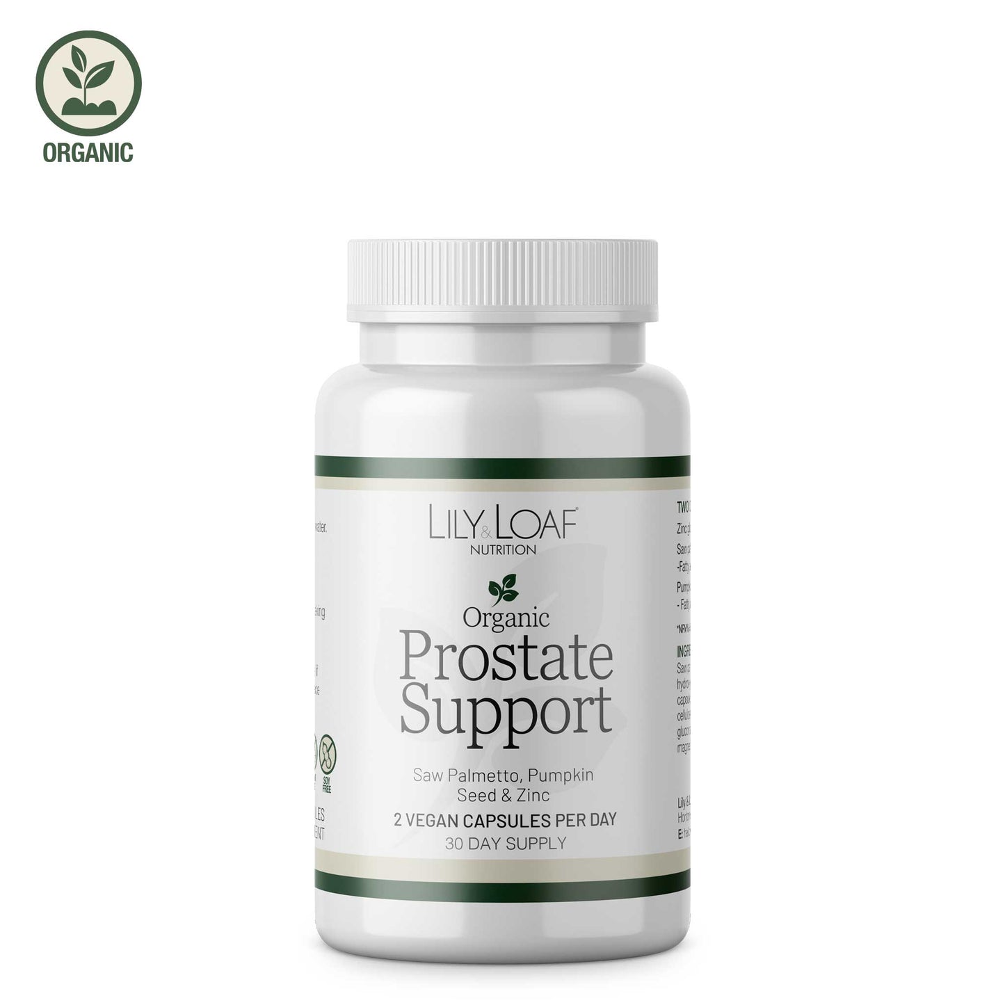 Lily & Loaf Organic Prostate Support supplement, natural formula in white bottle.