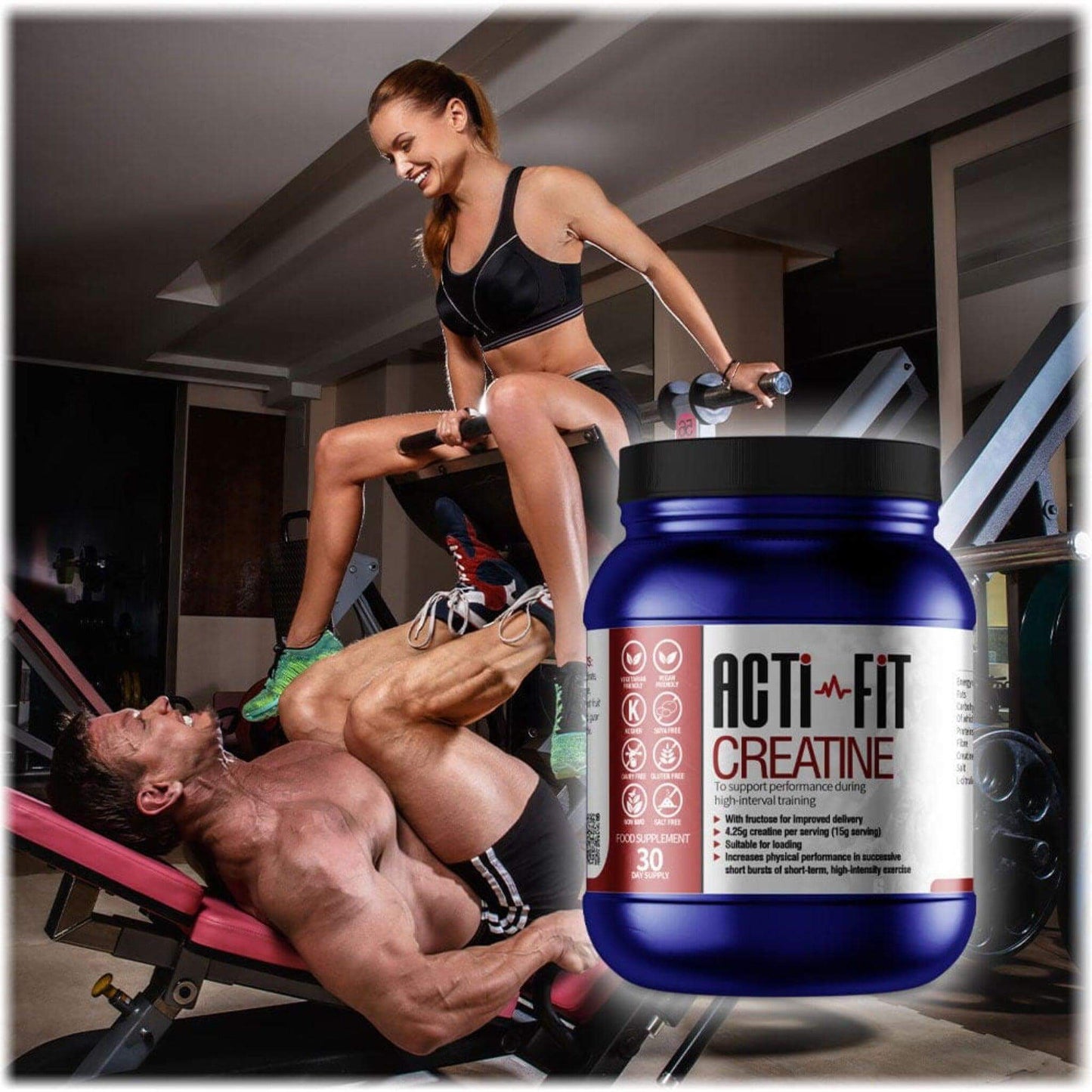 Acti-Fit's Creatine tub next to man and woman working out in the gym