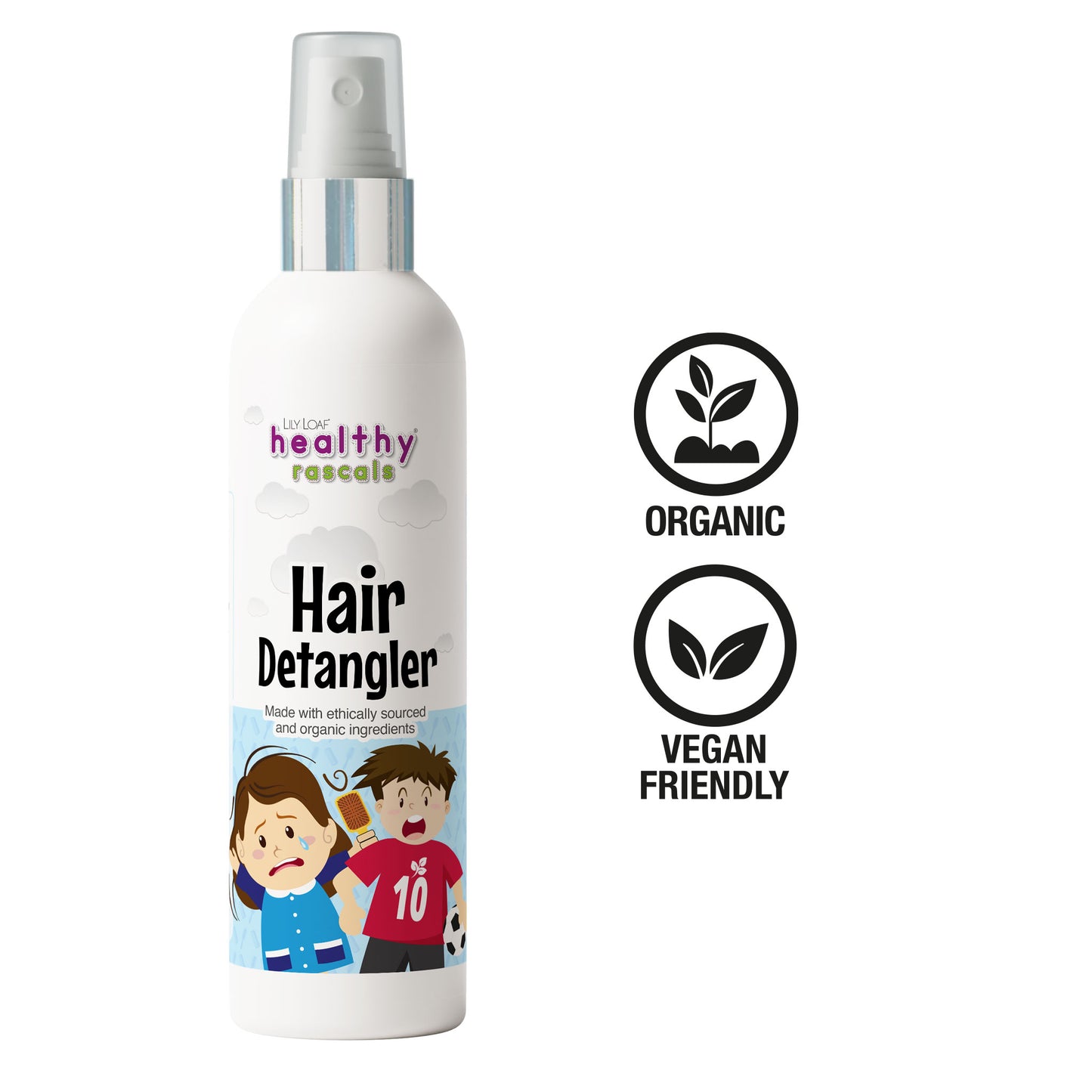 A girl combing her wet hair emphasising how easy and tangle free this formula is with a bottle of Healthy Rascals Hair Detangler in the foreground