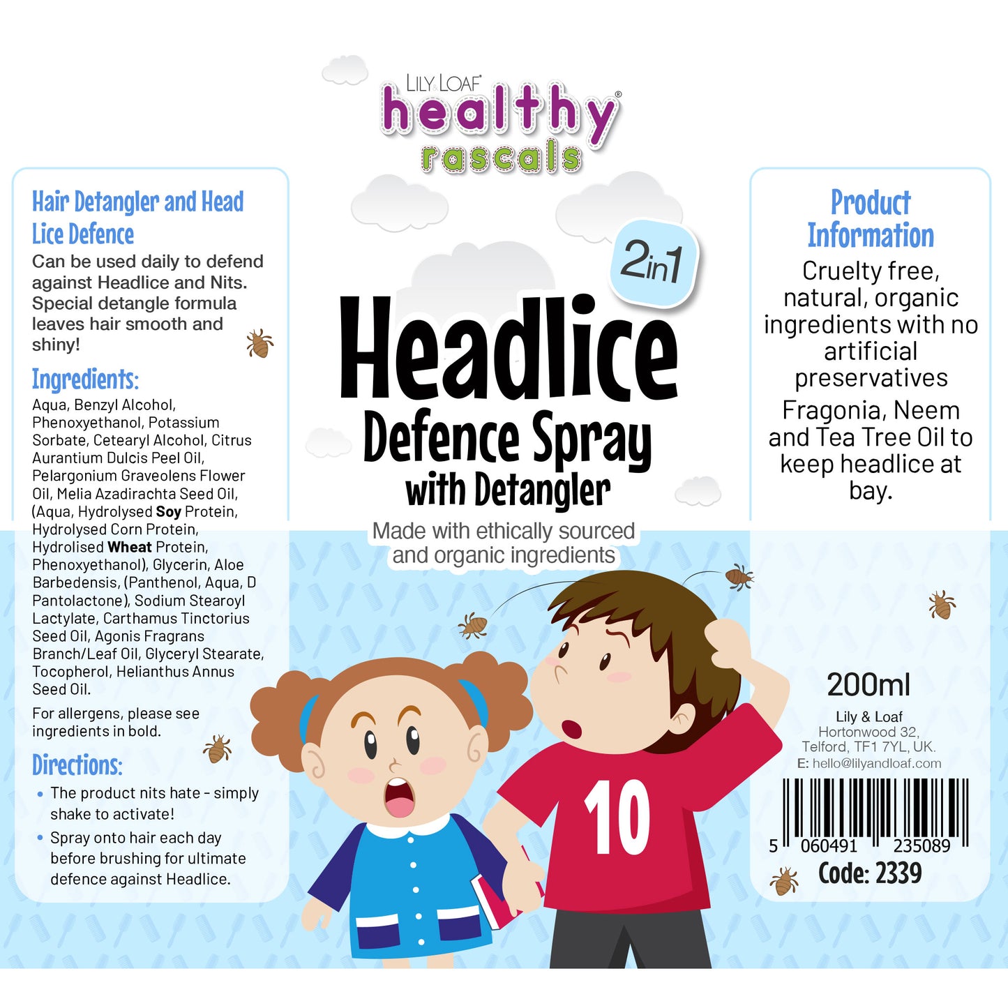 Healthy Rascals Headlice Defence Spray & Detangler label highlighting ingredients and directions for use