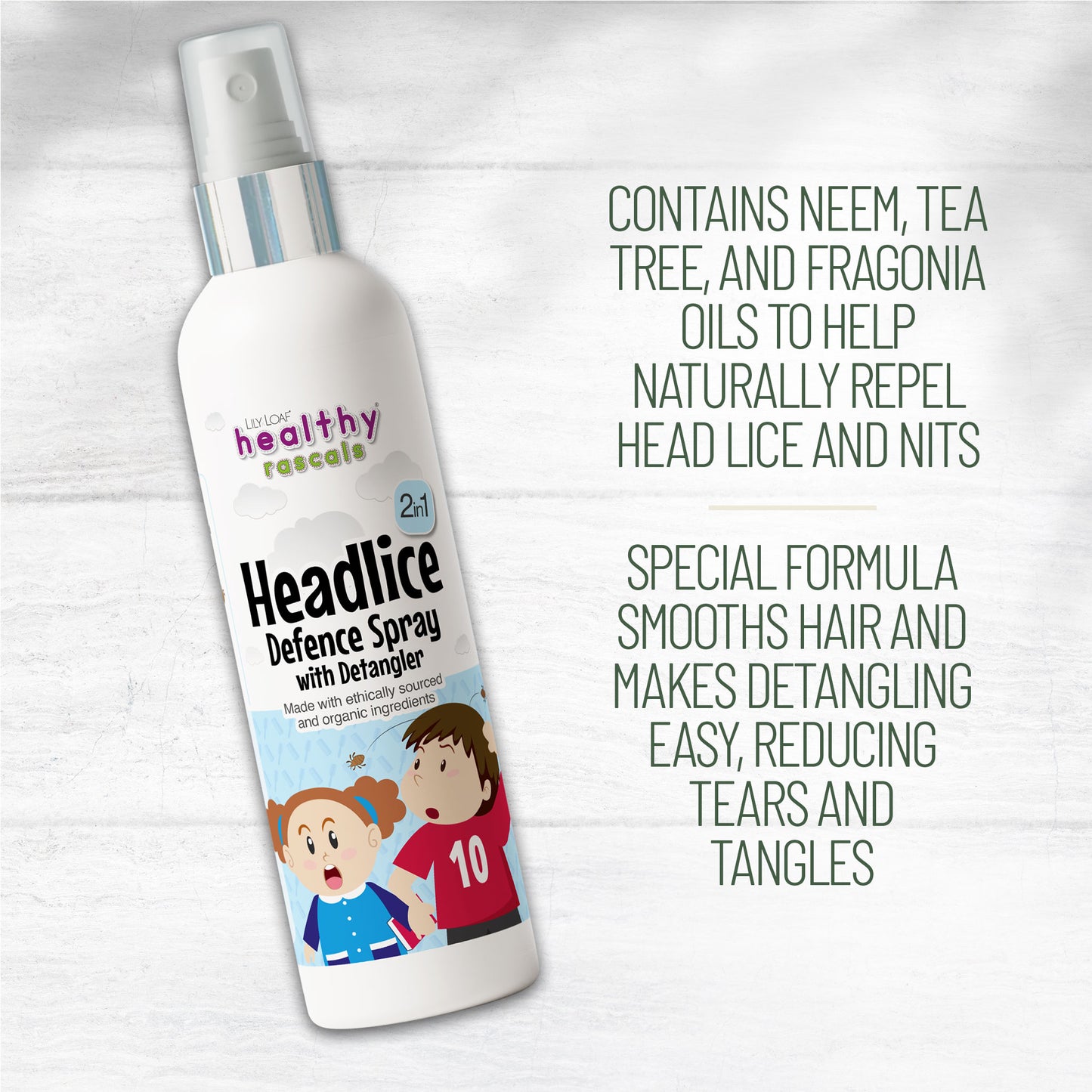 A black and white image of a woman inspecting her daughter's hair for nits with a bottle of Healthy Rascals Headlice Defence Spray & Detangler in the foreground
