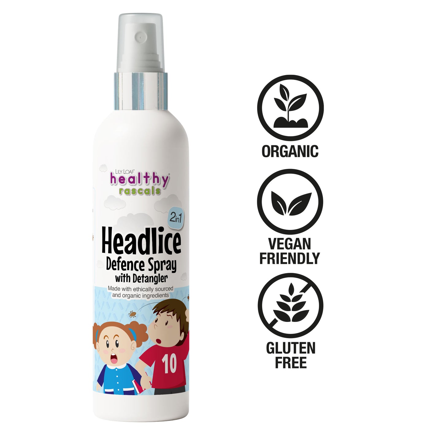 A cheeky young boy smiling whilst his mum inspects his blonde hair for nits with a bottle of Healthy Rascals Headlice Defence Spray & Detangler in the foreground