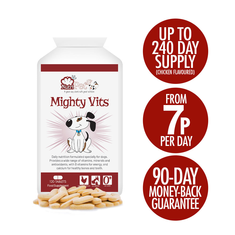 Nutri-Pets Mighty Vits is chicken flavoured and costs from as little as 7p per day