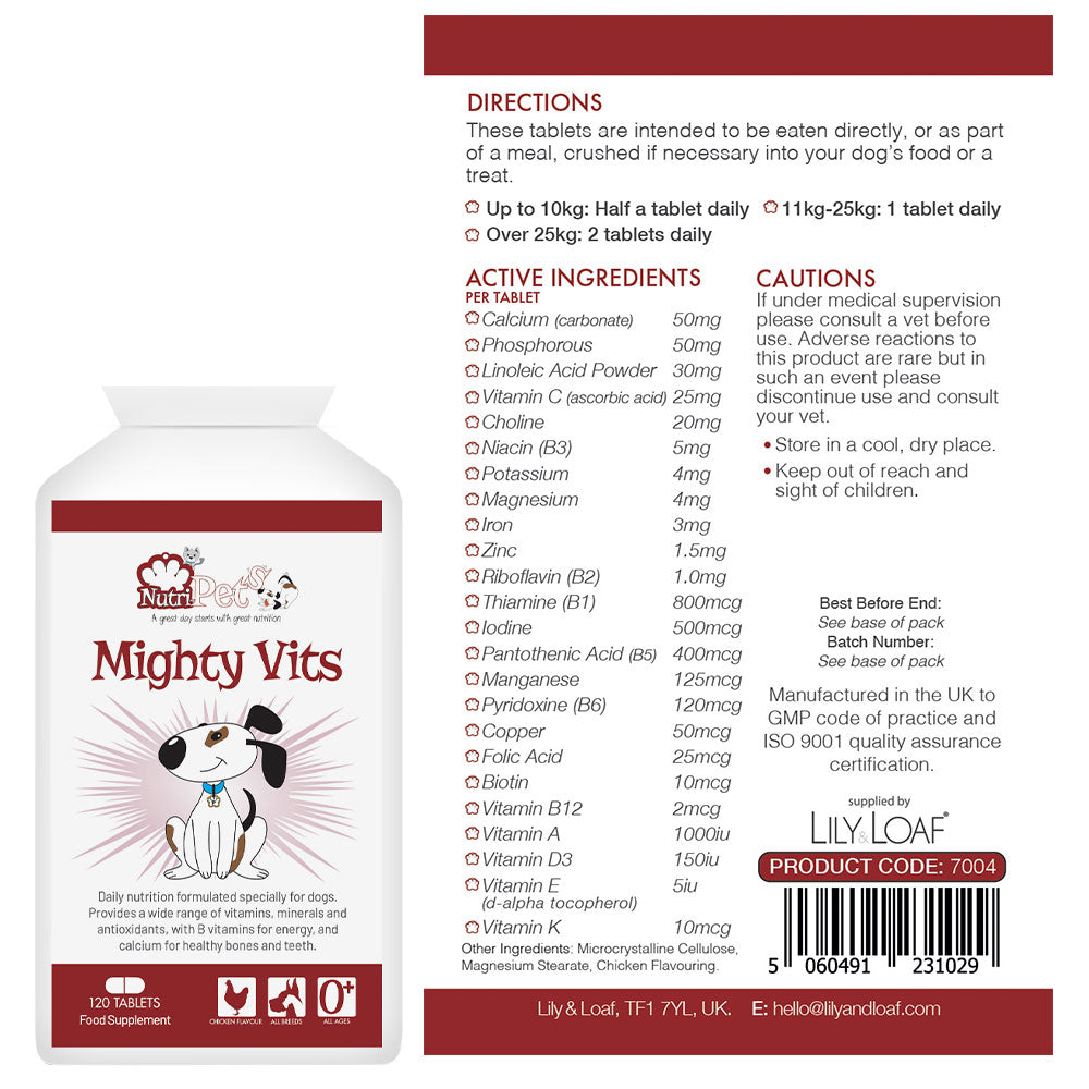 Nutri-Pets Mighty Vits label highlighting the ingredients, nutritional information and directions for use