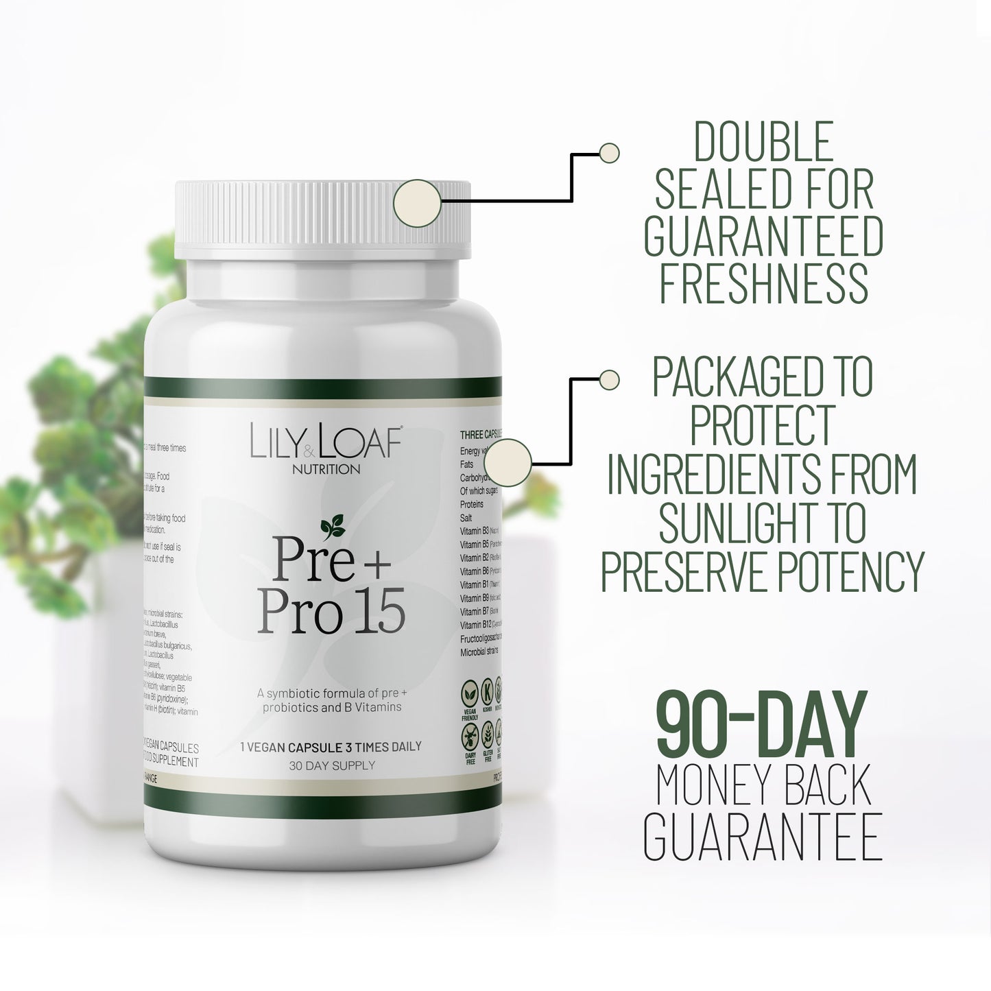 Pre + Pro 15 front female tummy promoting gut health