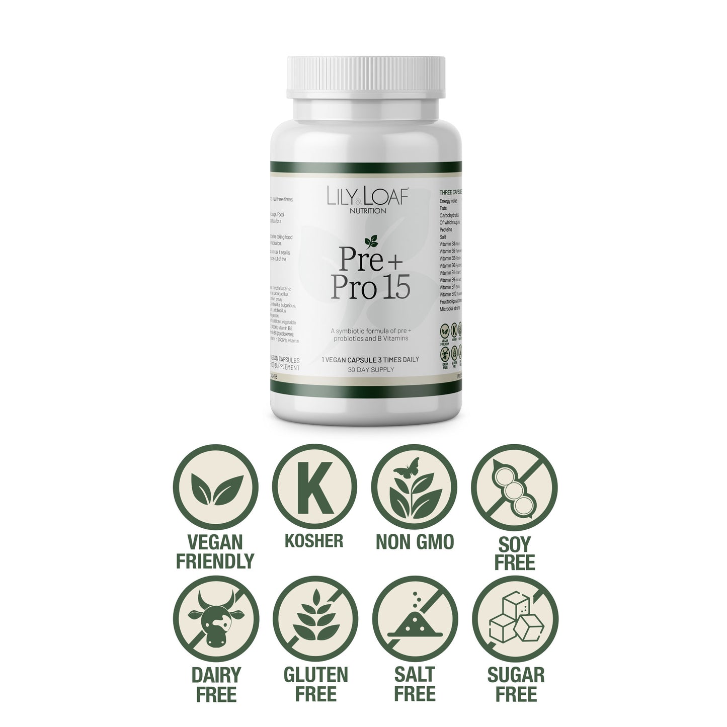 Pre + Pro 15 vegan vegetarian non gmo salt fre sugar free gluten free