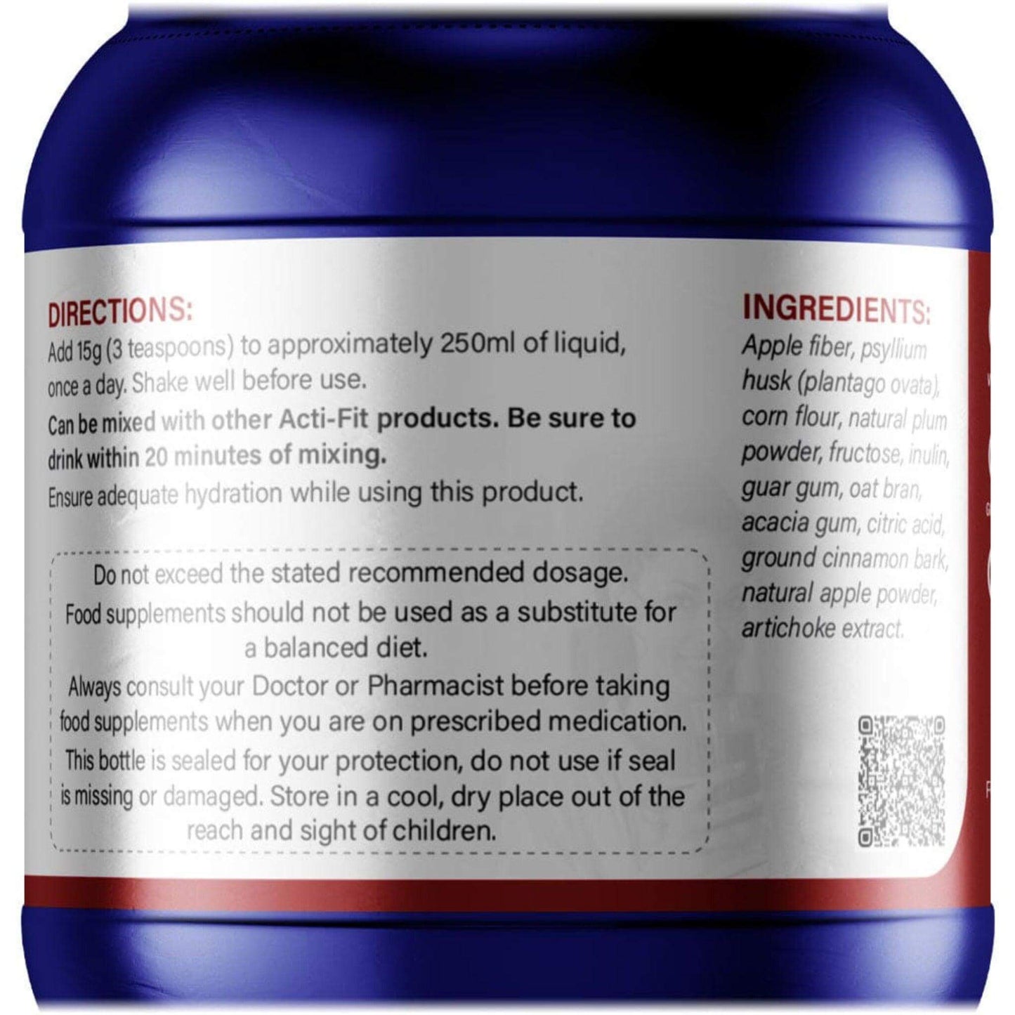 Blue container of Acti-Fit Super Fibre supplement, providing 11.7g of fiber per serving, 30-day supply, vegan and gluten-free, with prebiotic inulin.