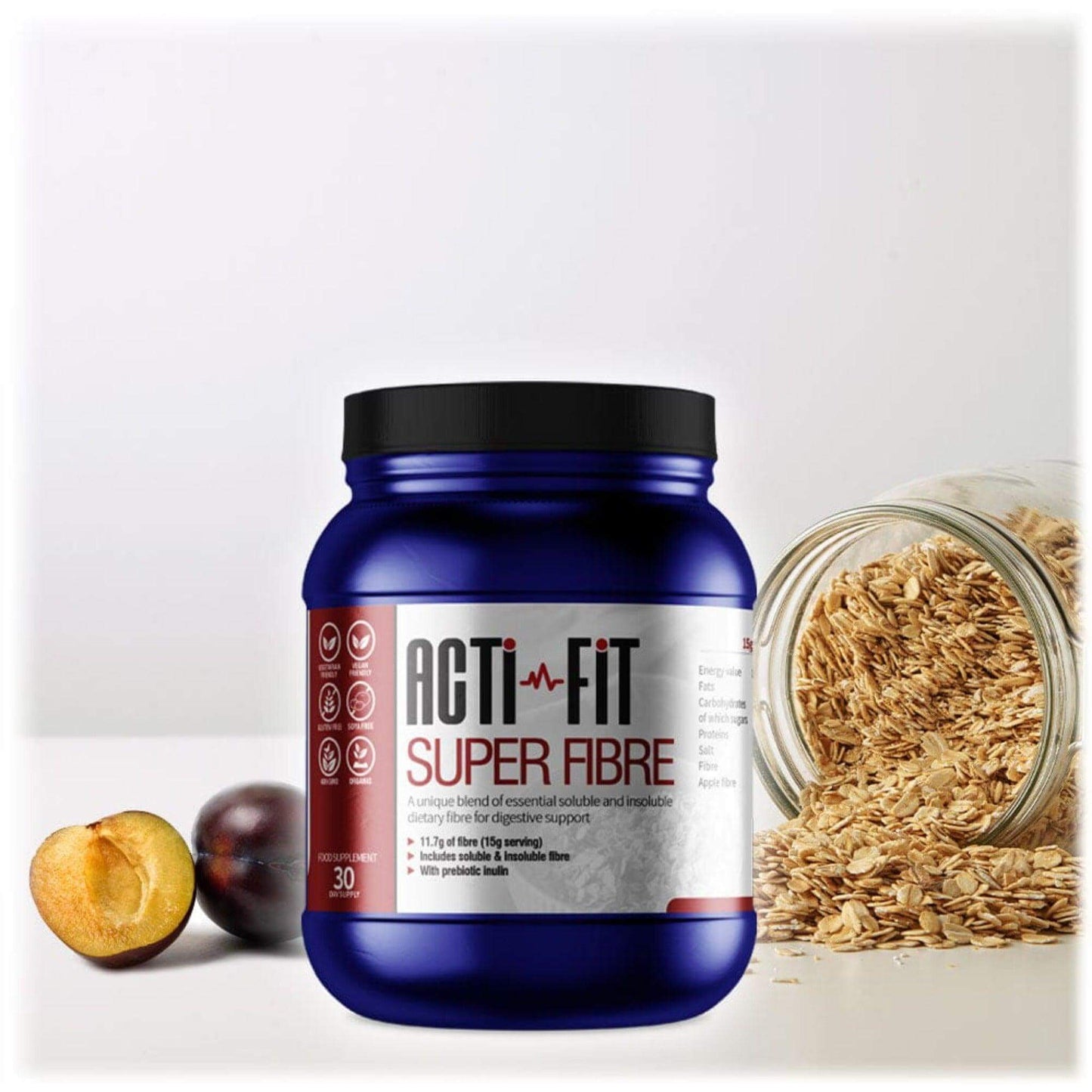 Blue container of Acti-Fit Super Fibre supplement, providing 11.7g of fiber per serving, 30-day supply, vegan and gluten-free, with prebiotic inulin.