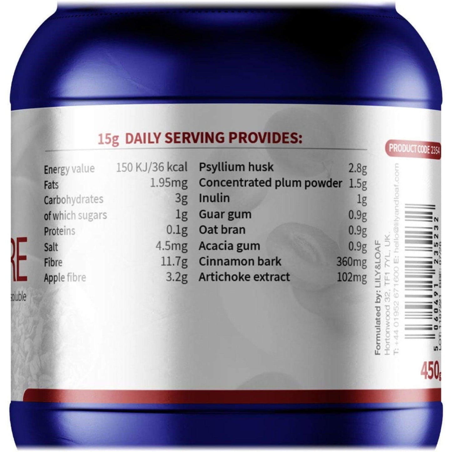 Blue container of Acti-Fit Super Fibre supplement, providing 11.7g of fiber per serving, 30-day supply, vegan and gluten-free, with prebiotic inulin.