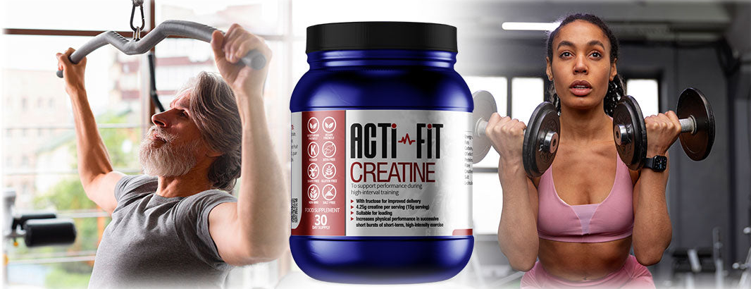 A container of creatine powder, suggesting the use of creatine for exercise and fitness purposes, particularly for middle-aged individuals