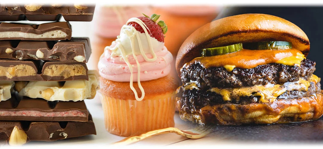 A colourful image depicting various food cravings, including sweets, chocolate, and salty snacks. The image illustrates the concept of cravings and their impact on dietary choices and overall health.