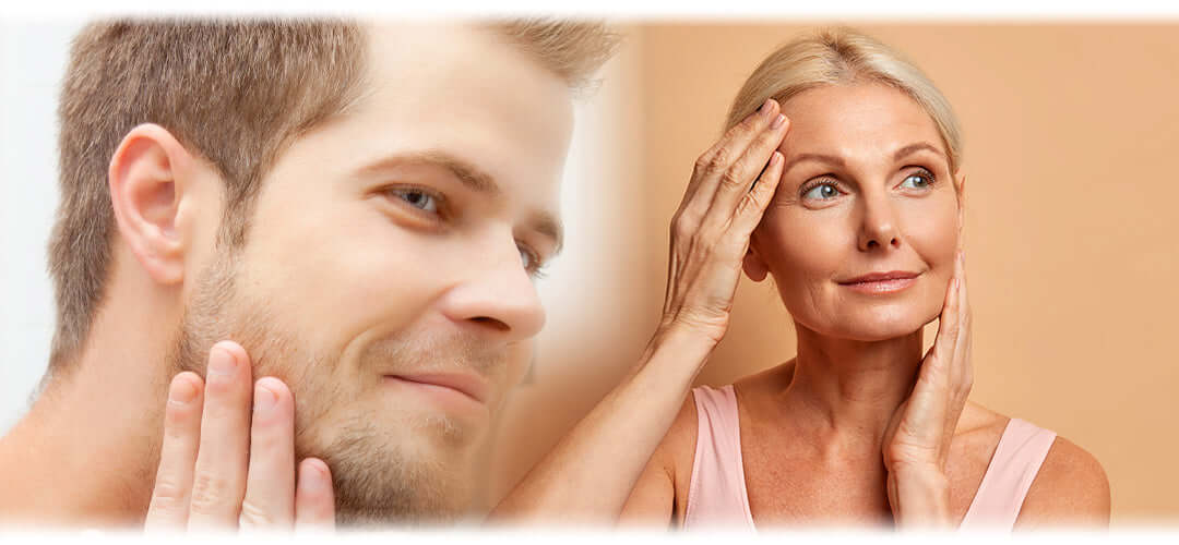 A smiling man and woman touching their face admiring their complexions