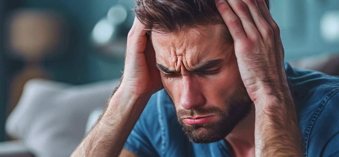 male suffering headaches as lack of iron