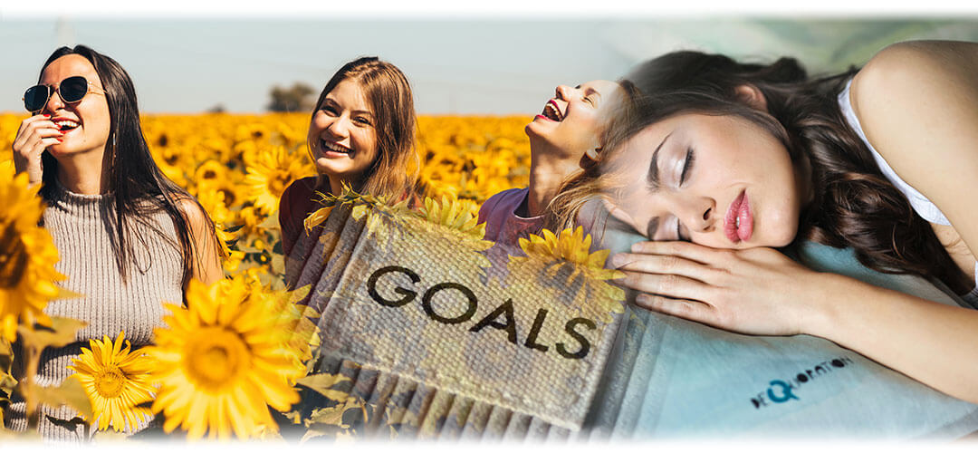 Smiling women in a sunflower field, a goals notebook, and a woman sleeping, representing positivity, motivation, and wellness
