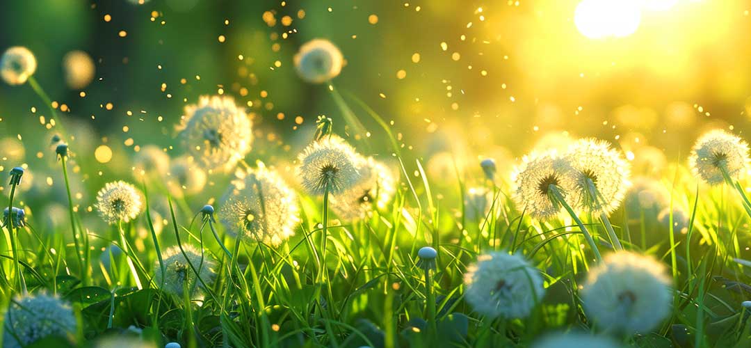 Dandelions releasing pollen into the air on a sunny spring day in a green meadow