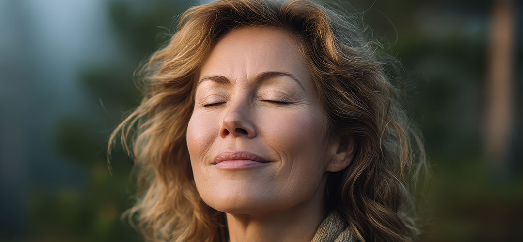 Middleage lady breathing deep after the aid of supplements