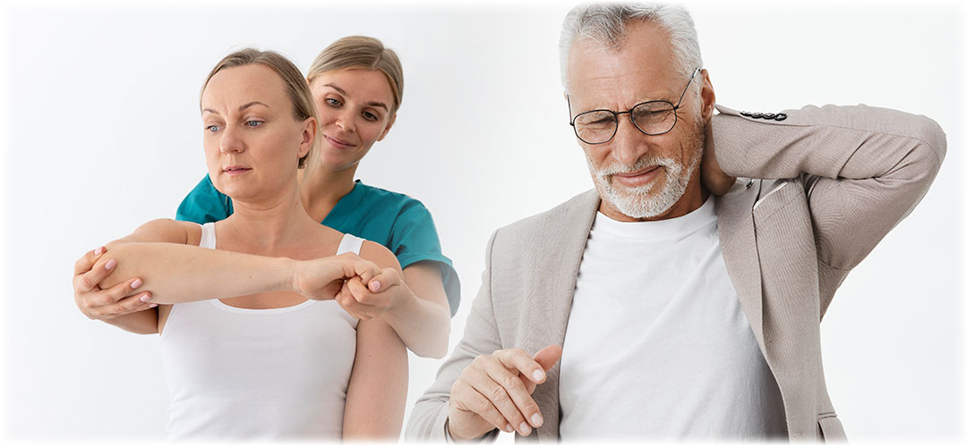 Physiotherapist assisting a woman and an older man with shoulder pain, symbolising osteoarthritis management