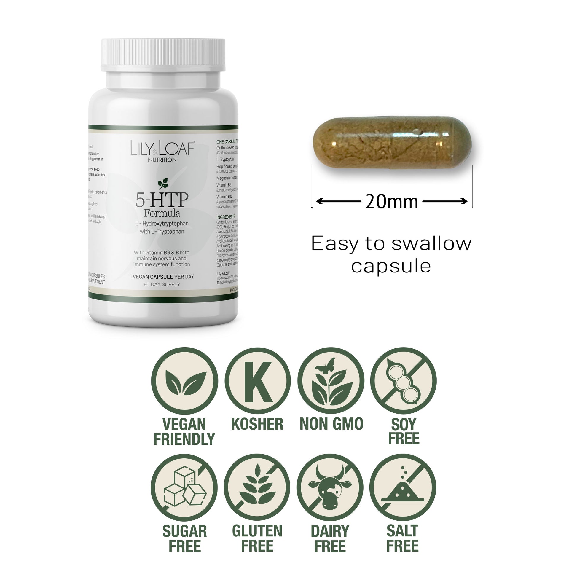 5 HTP with L-Tryptophan allergen information and size