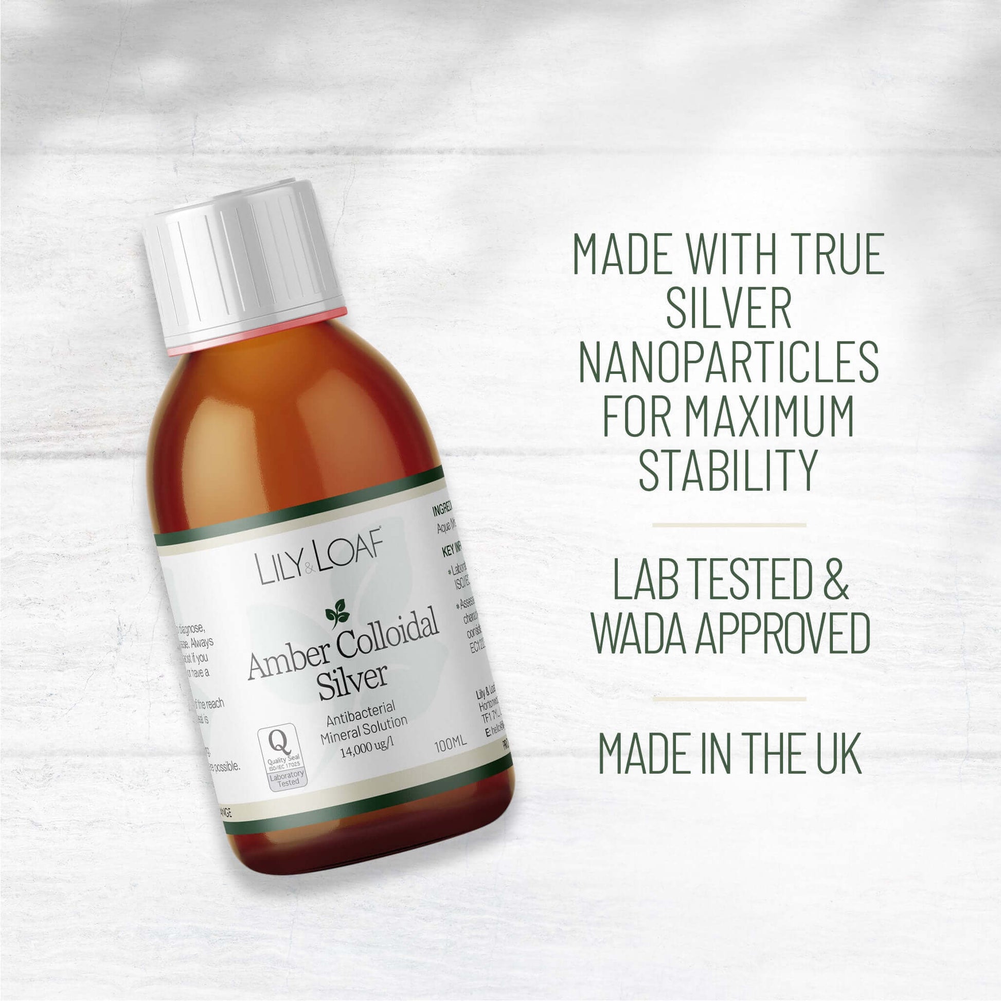 Amber Colloidal Silver bottle with product highlights: made with silver nanoparticles, WADA approved, UK made.