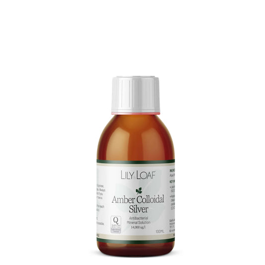 Lily & Loaf Amber Colloidal Silver 100ml bottle, antibacterial mineral solution with laboratory-tested quality