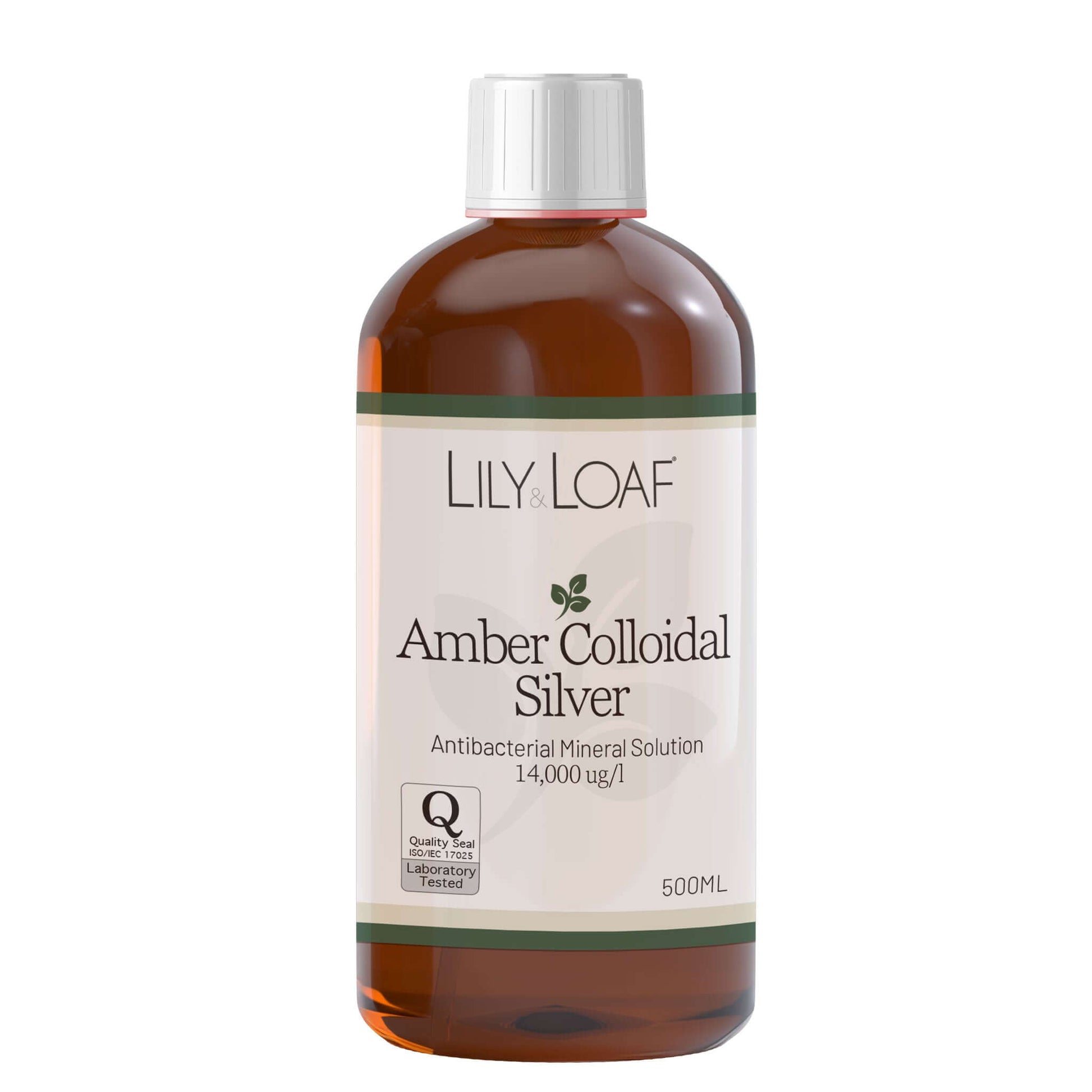 Lily & Loaf Amber Colloidal Silver 500ml bottle, antibacterial mineral solution with laboratory-tested quality seal.