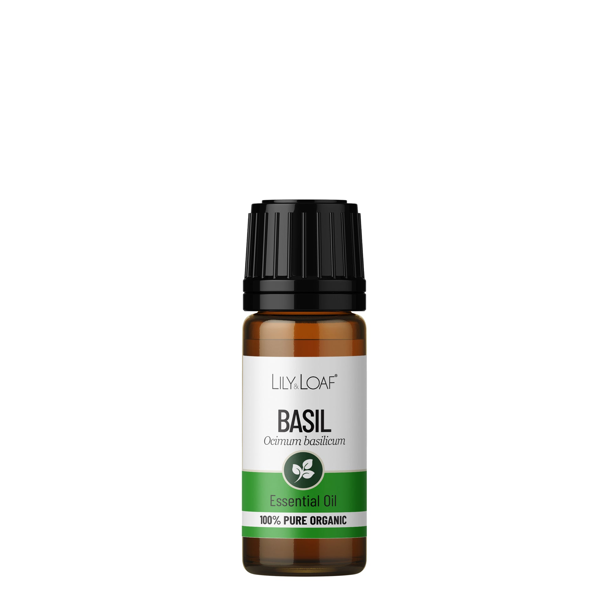 Glass Amber Bottle of Lily & Loaf Basil Organic Essential Oil front