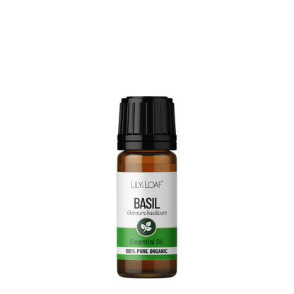 Glass Amber Bottle of Lily & Loaf Basil Organic Essential Oil front