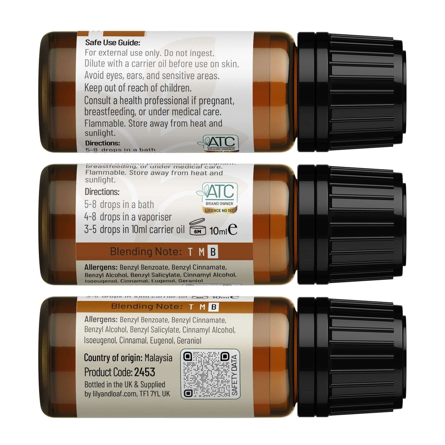 Benzoin Organic Essential Oil Label including directions for use and safe use guide