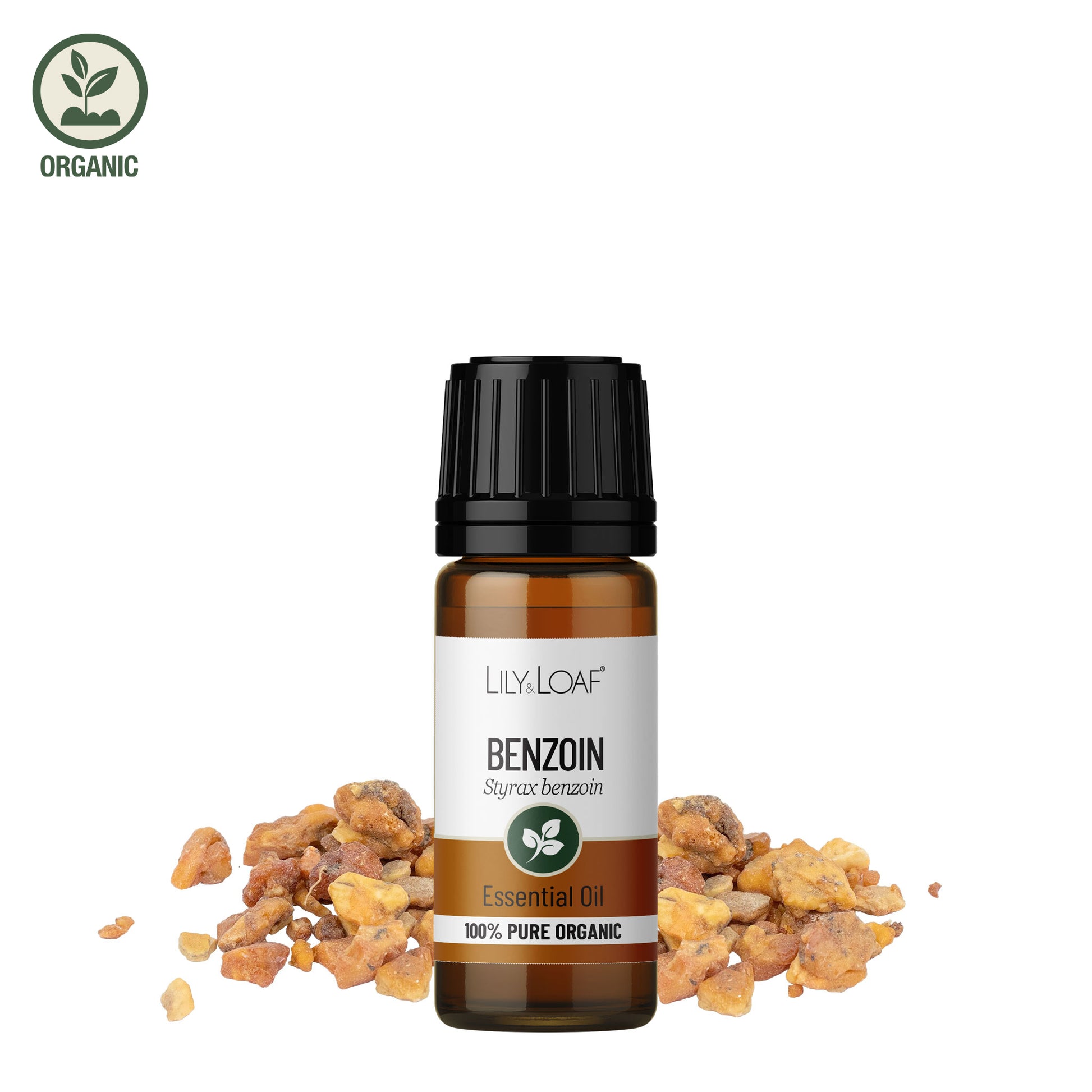 Bottle of Lily & Loaf Benzoin essential oil with benzoin resin on a white background