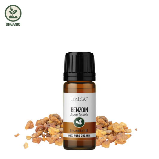 Bottle of Lily & Loaf Benzoin essential oil with benzoin resin on a white background