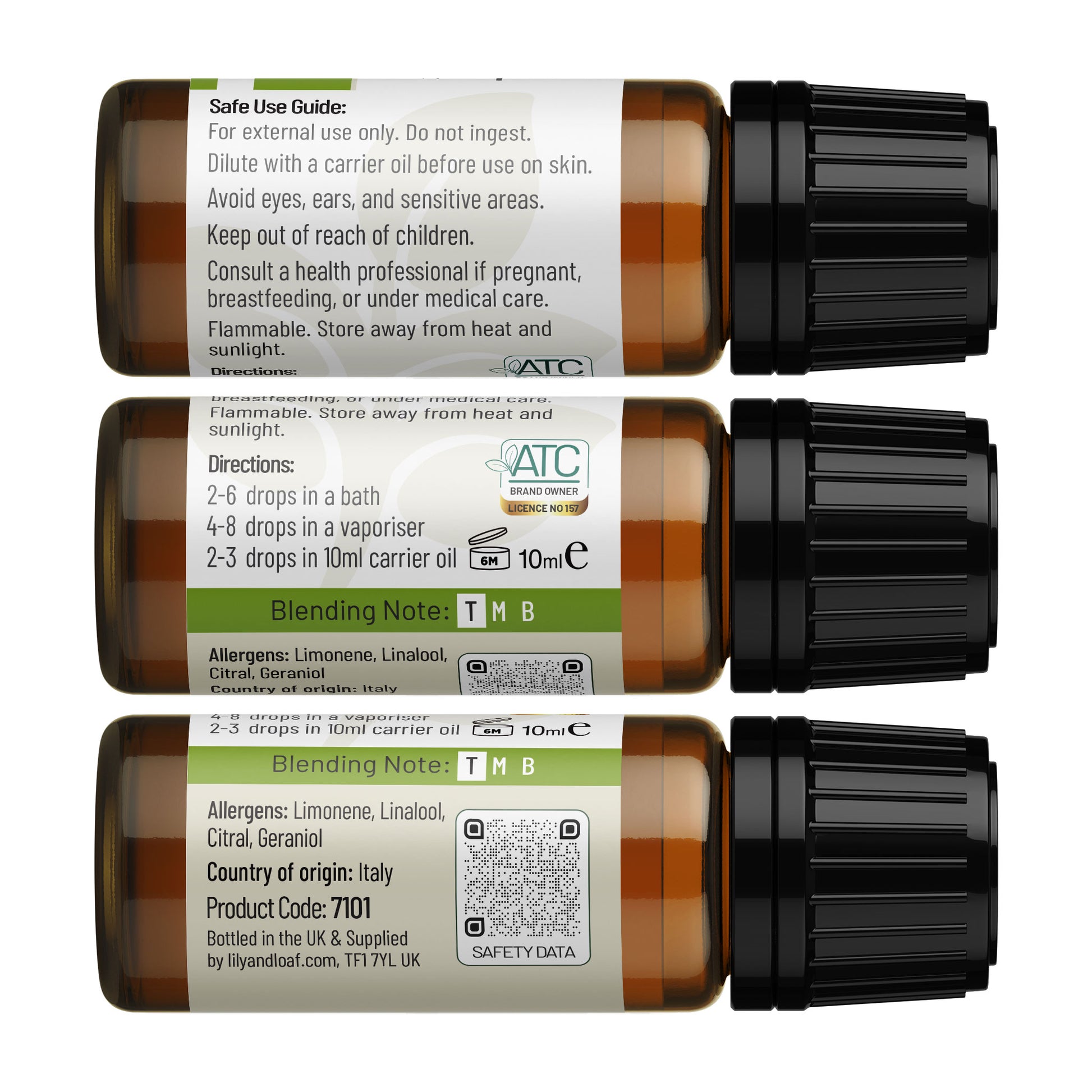 Lily & Loaf Bergamot Organic Essential Oil (10ml) Label highlighting ingredients and directions for use
