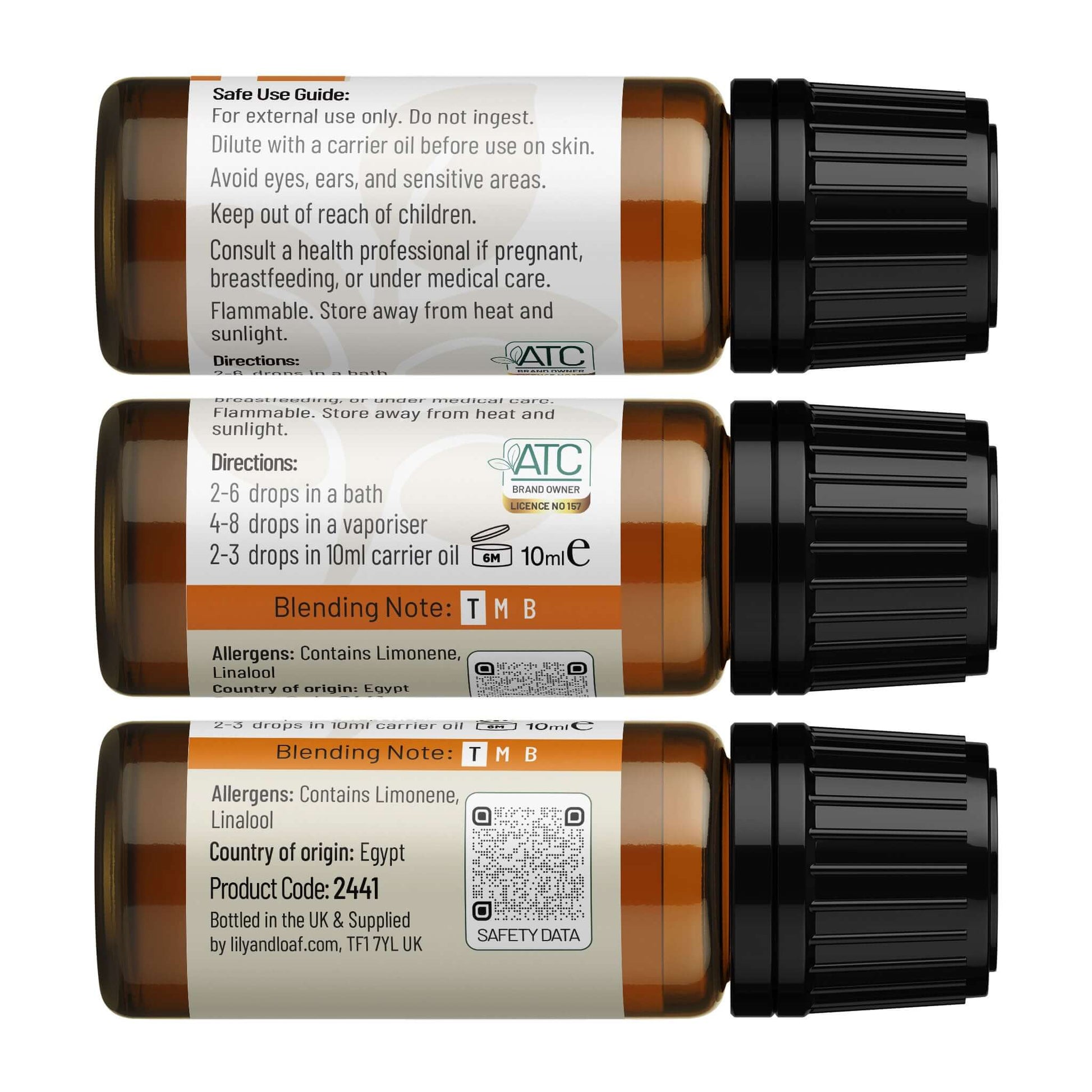 Bitter Orange Essential Oil label with directions and safe use guide