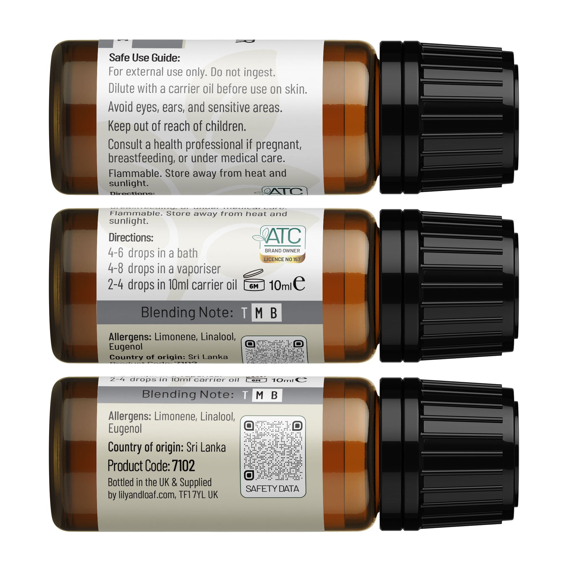 Lily & Loaf Black Pepper Organic Essential Oil label highlighting ingredients and directions for use