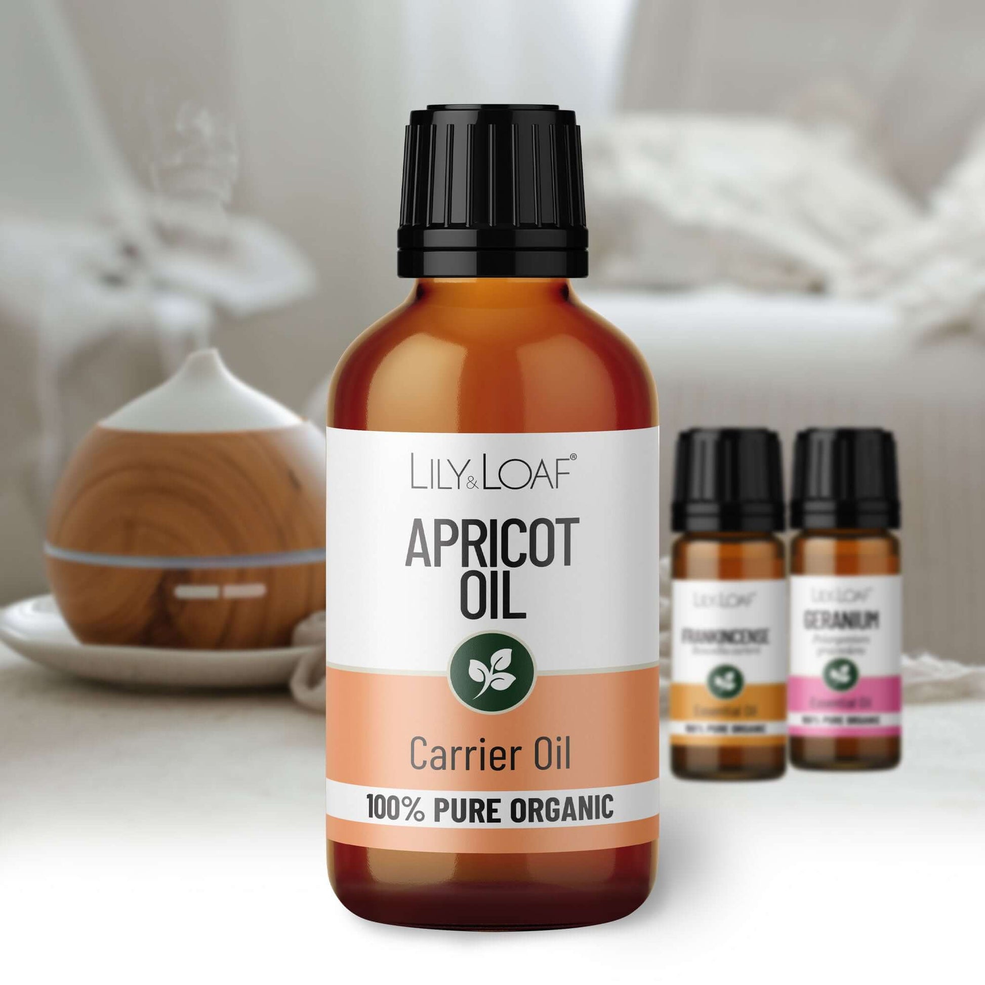 Bottle of Lily & Loaf Apricot Oil with a blurred background