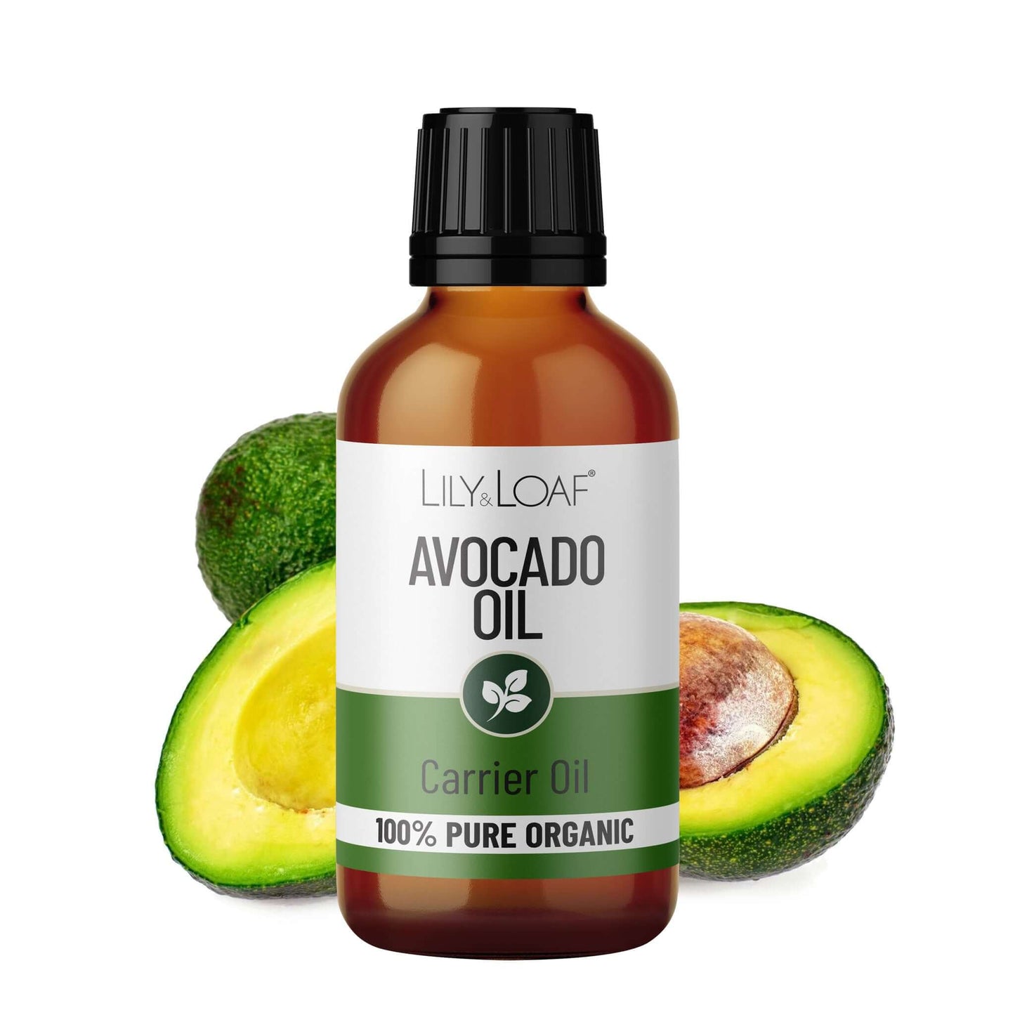 Bottle of Lily & Loaf Avocado Oil with avocados on a white background