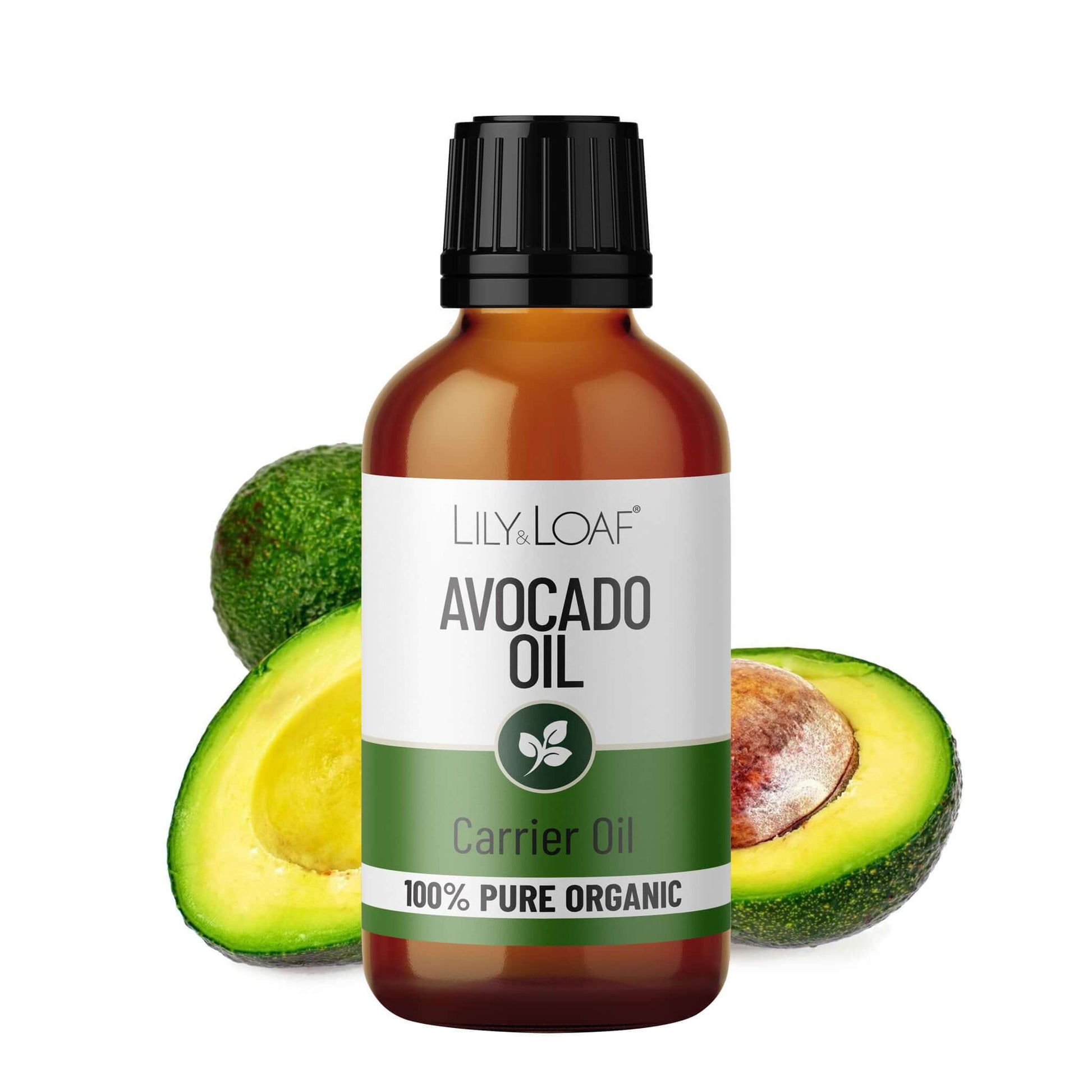 Bottle of Lily & Loaf Avocado Oil with avocados on a white background