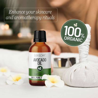 Avocado oil bottle with '100% Organic' label on a blurred background of a spa setting.