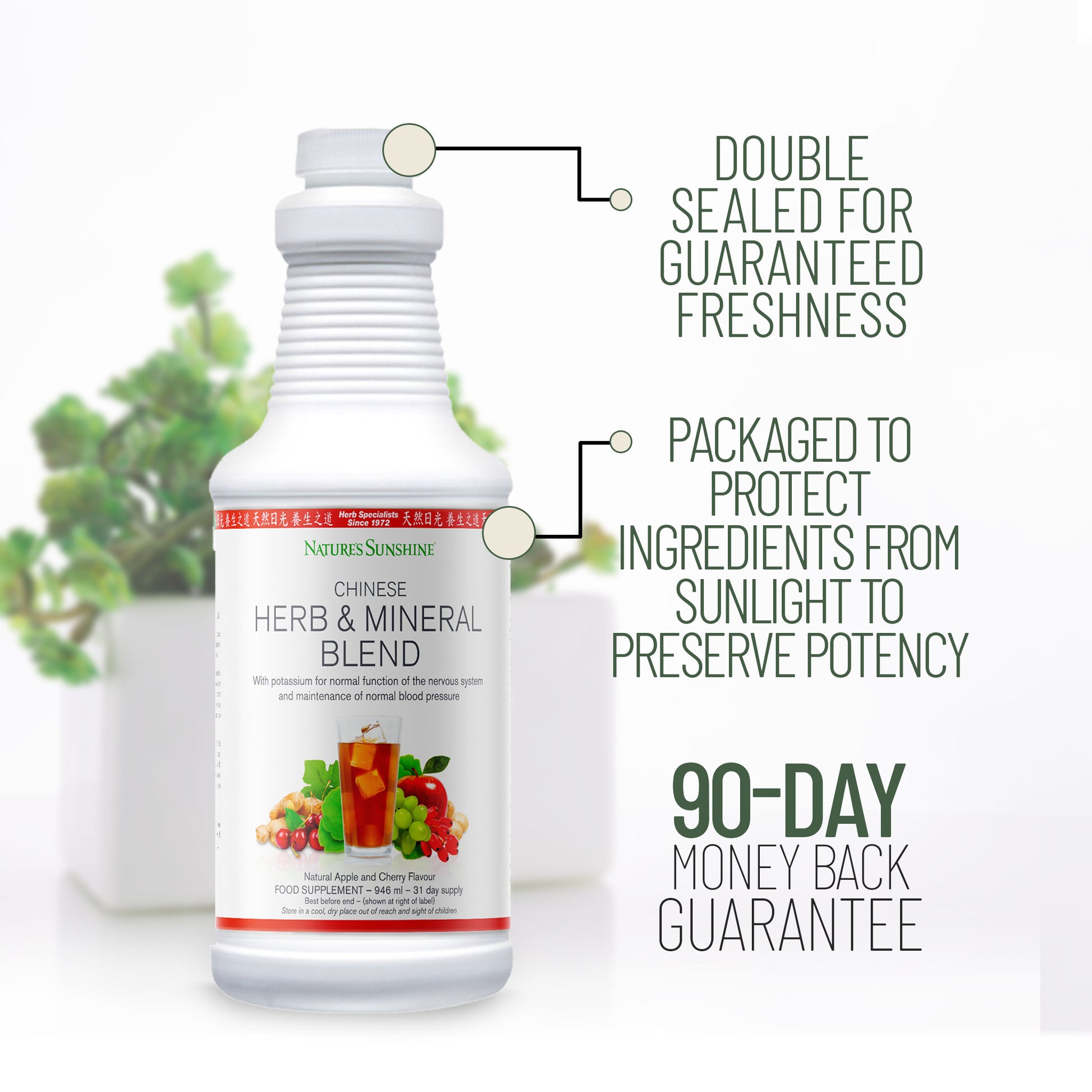 Chinese Herb & Mineral Blend packaging details and 90-day guarantee
