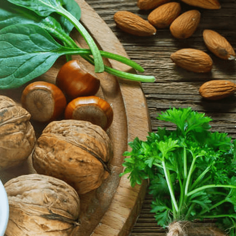 A selection of foods high in Vitamin E including nuts and spinach