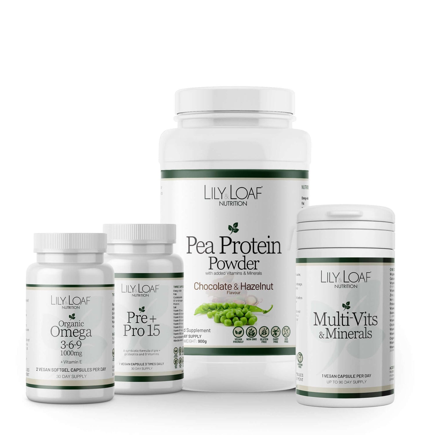 Collection of Lily Loaf nutritional products including Chocolate Pea Protein Powder, Organic Omega 3-6-9, Pre+Pro 15, and Multi Vits & Minerals on a white background.