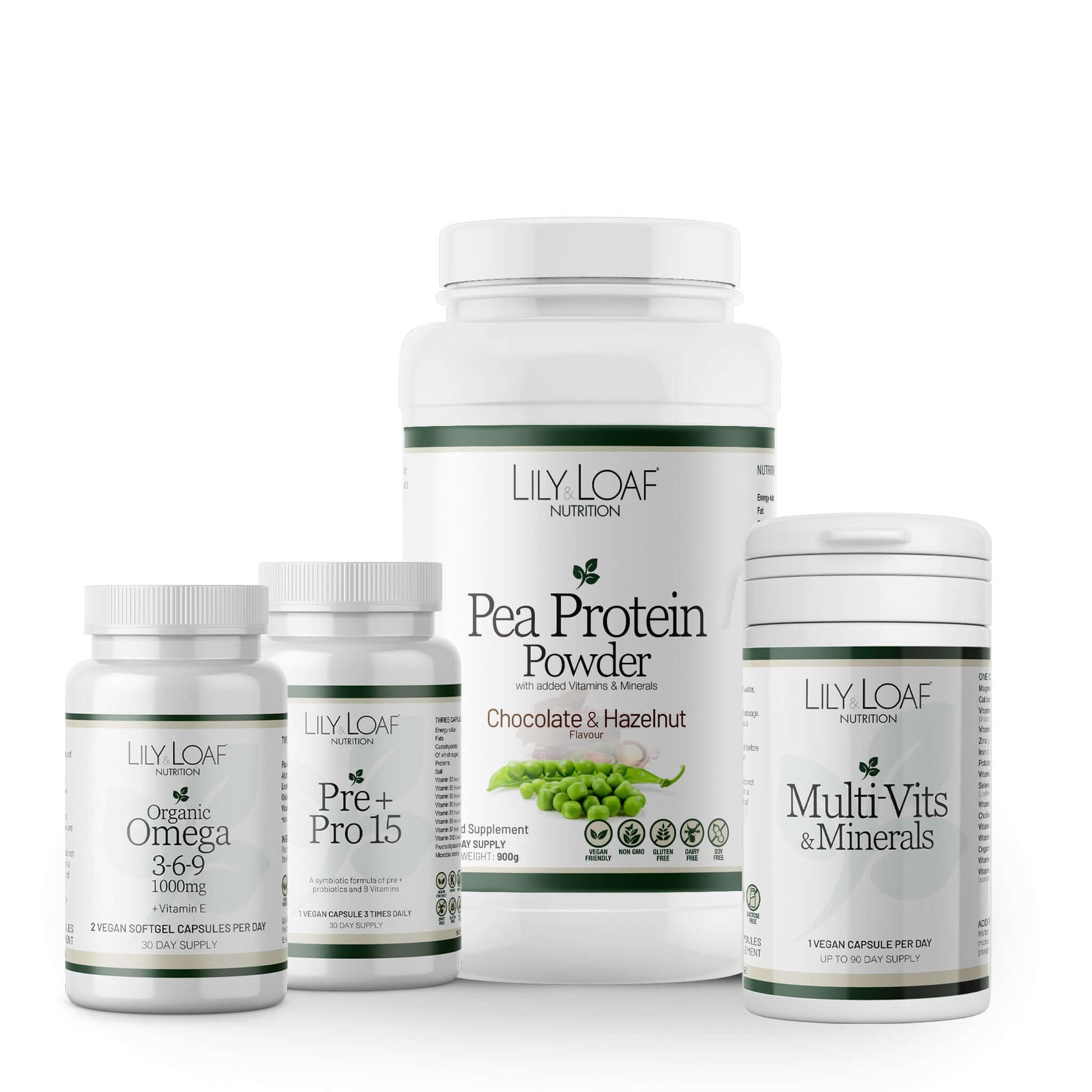 Collection of Lily Loaf nutritional products including Chocolate Pea Protein Powder, Organic Omega 3-6-9, Pre+Pro 15, and Multi Vits & Minerals on a white background.