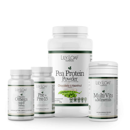 Collection of Lily Loaf nutritional products including Chocolate Pea Protein Powder, Organic Omega 3-6-9, Pre+Pro 15, and Multi Vits & Minerals on a white background.
