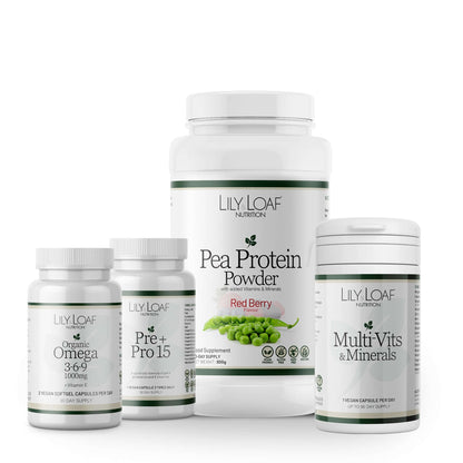 Collection of Lily Loaf Nutrition products including Pea Protein Powder, Organic Omega 3-6-9, Pre Pro 15, and MultiVits & Minerals on a white background.