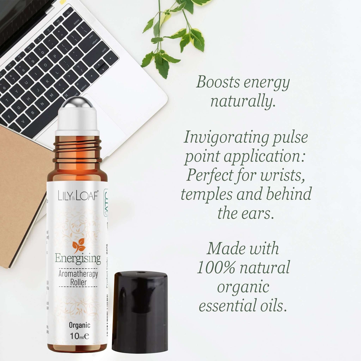 Lily & Loaf Energising Aromatherapy roller bottle with text about energy boosting and natural ingredients on a white background.