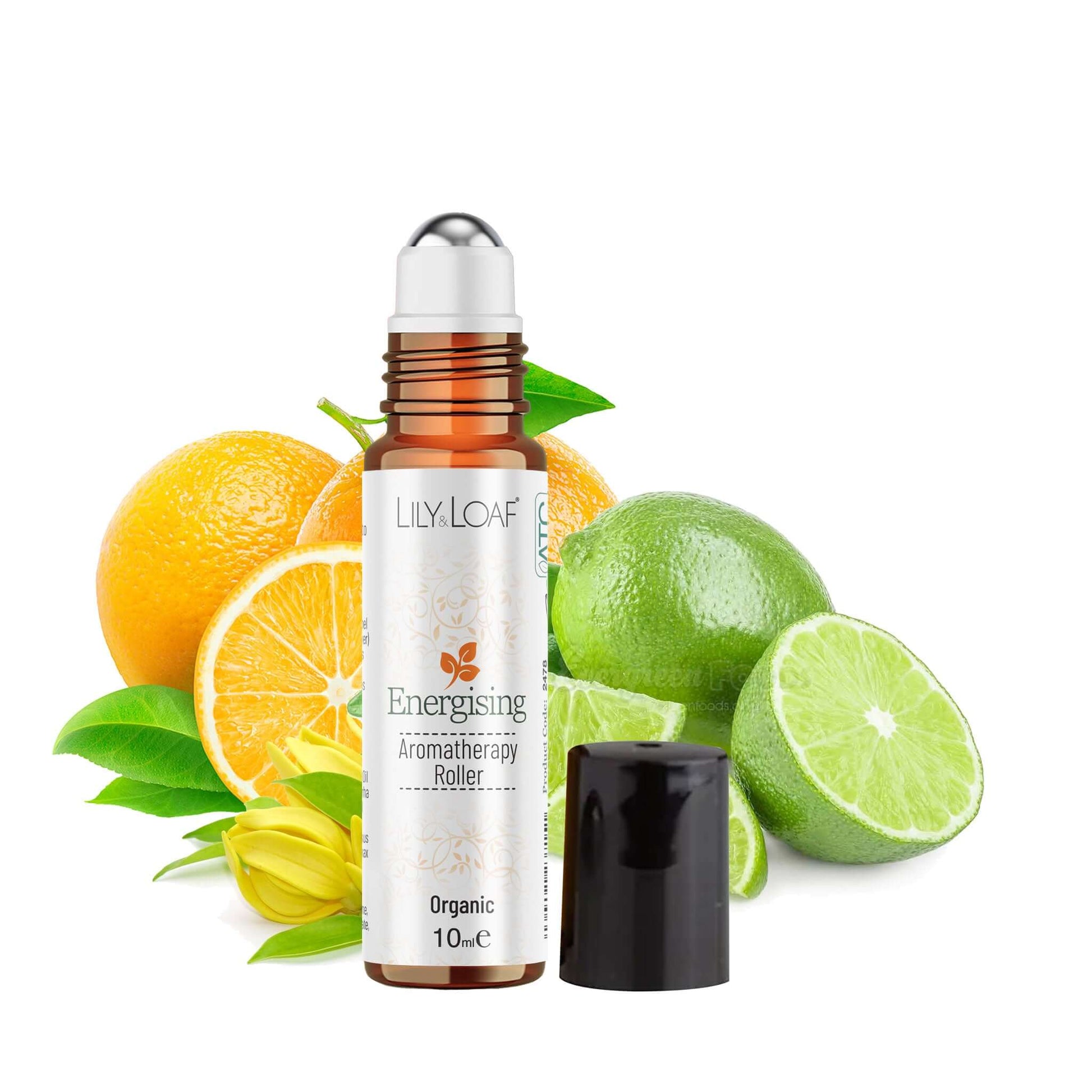 Lily & Loaf Energising aromatherapy roller bottle with oranges and limes on a white background
