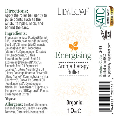 Label of Lily & Loaf Energising Aromatherapy Roller with product details and branding.