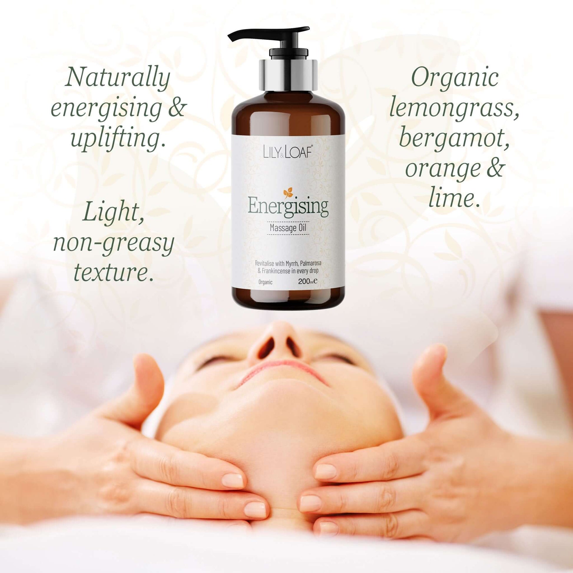 Lily & Loaf Energising Massage Oil bottle with a person receiving a massage on a white background