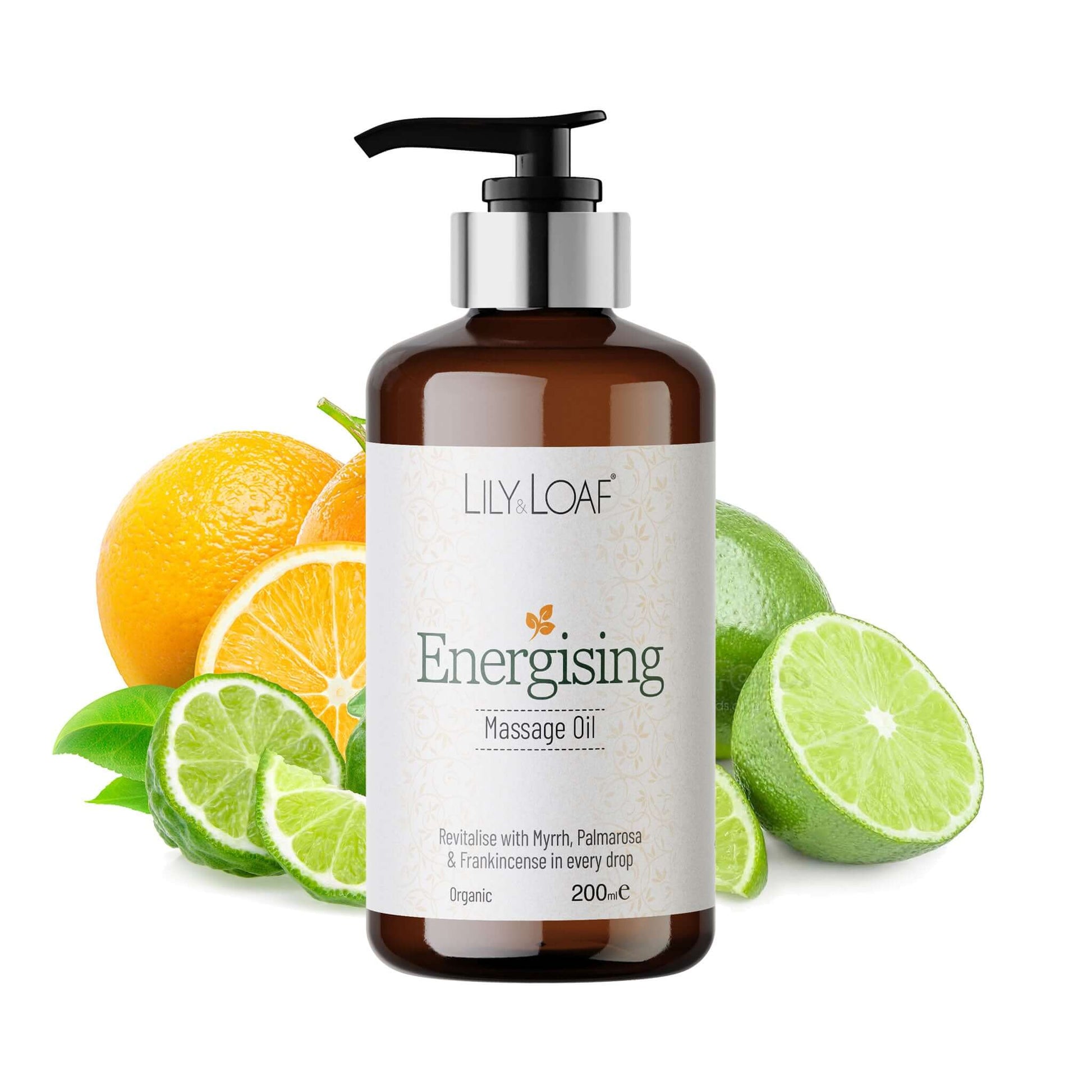 Bottle of Lily & Loaf Energising Massage Oil with oranges and limes on a white background
