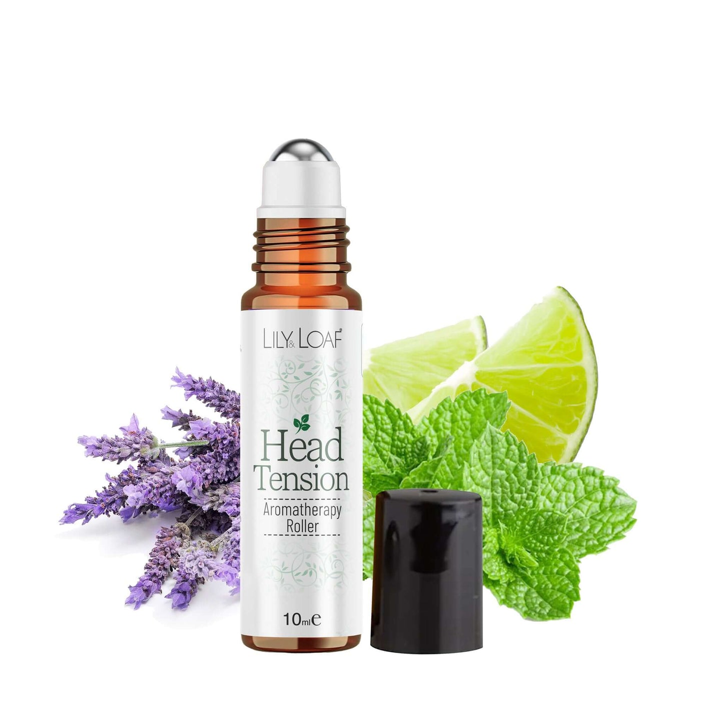 Lily & Loaf head tension aromatherapy roller with mint, lime, and lavender on a white background