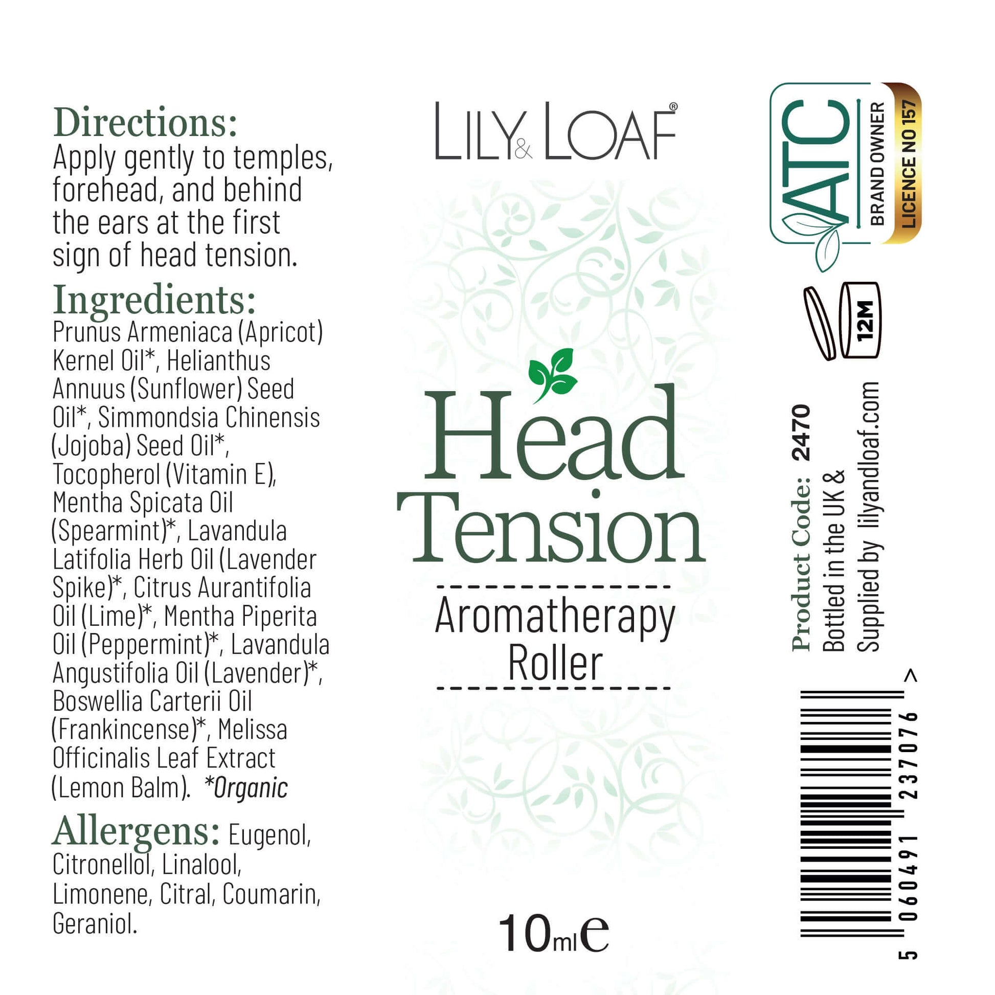 Lily & Loaf Head Tension Aromatherapy Roller label with ingredients and directions.